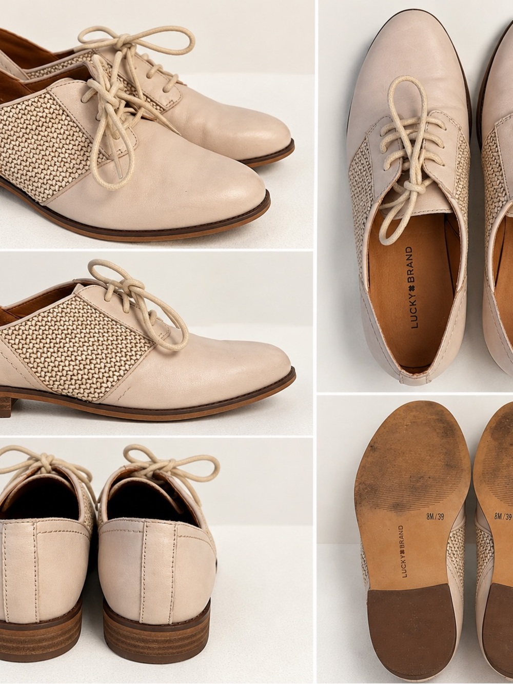 Lucky Brand Women's Cream Leather Lace-Up Oxfords with Woven Side Panels